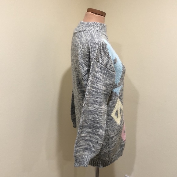 Vintage Tomboy Sweater Size Medium Gray Pastel Diamond Mock Neck Pullover - Picture 3 of 8